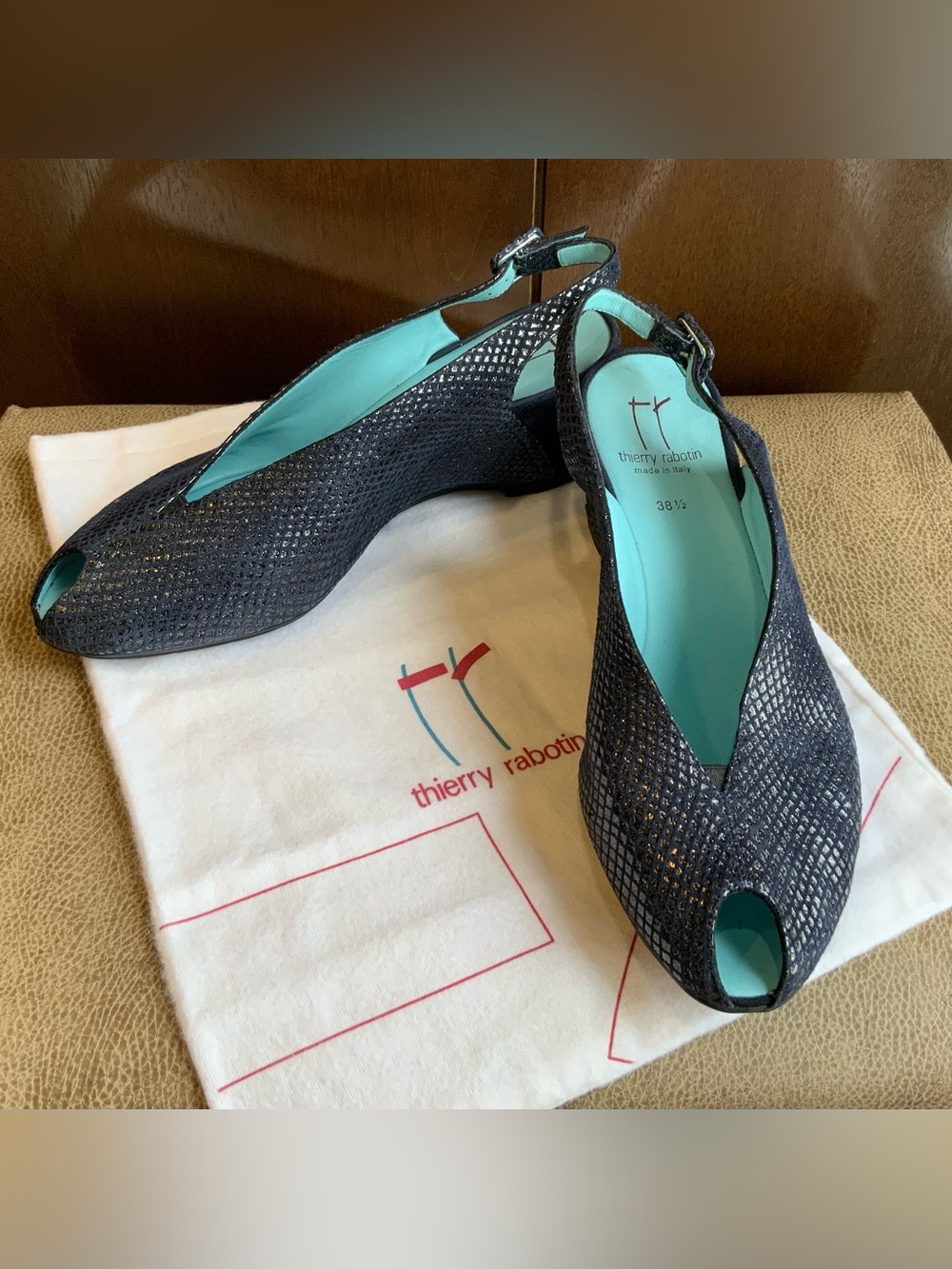 THIERRY RABOTIN Navy Peep-Toe Slingback Wedges